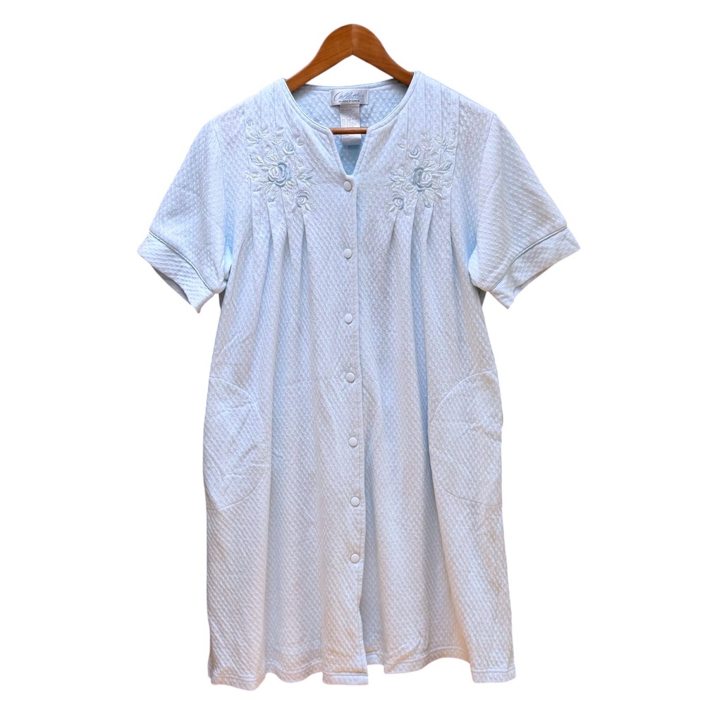 Collette Robe Women Medium Blue Miss Elaine Waffle Knit Floral Button Housecoat